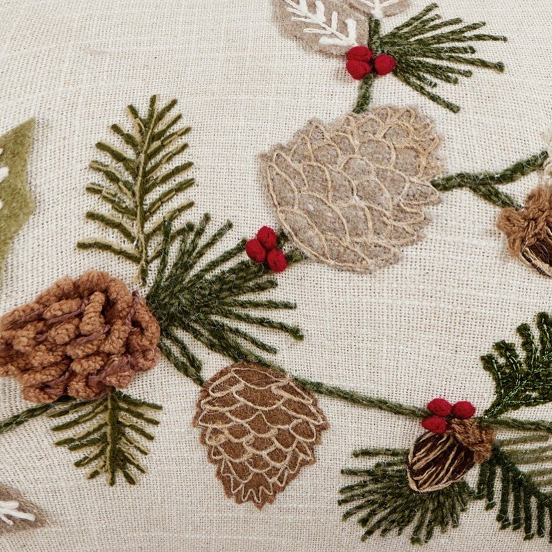 Branches Embroidered Christmas Throw Pillow, close-up detail