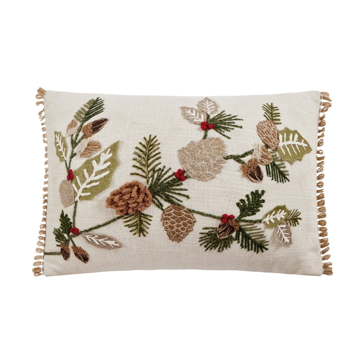 Branches Embroidered Christmas Throw Pillow, 12x18 inch, front view