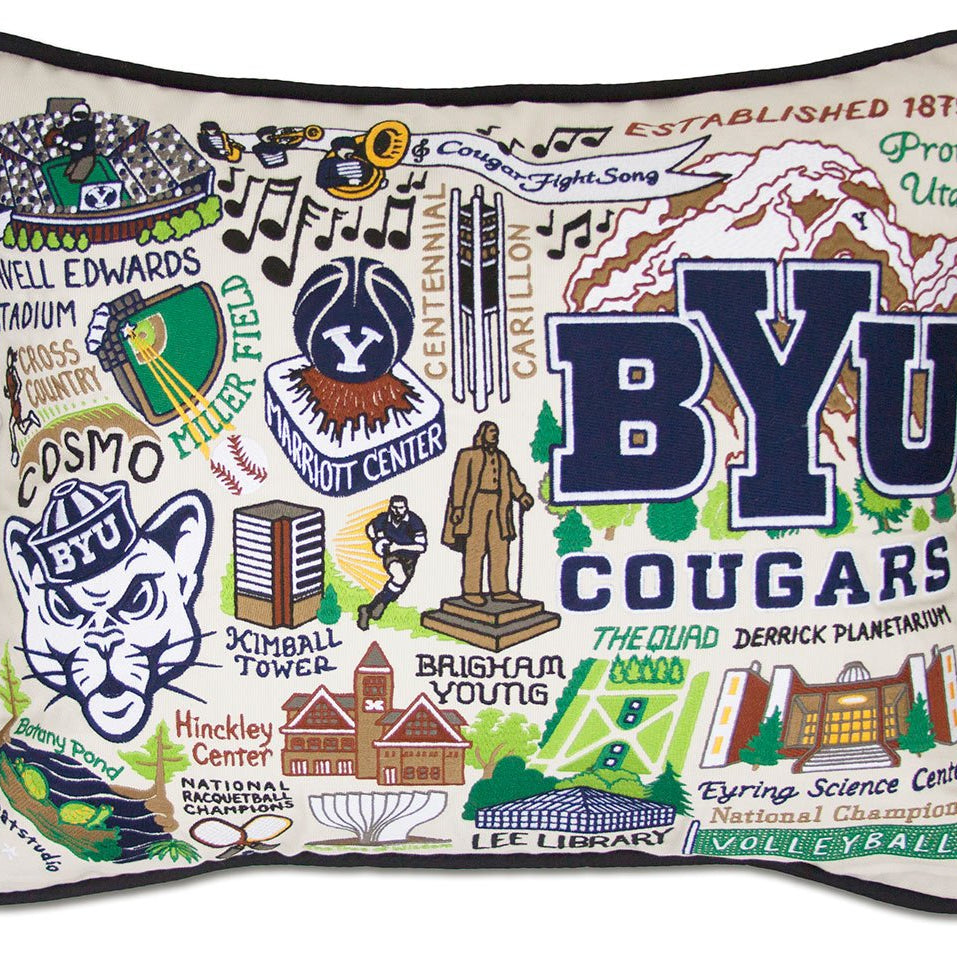 Brigham Young University Cougars hand-embroidered throw pillow featuring school colors and mascot imagery