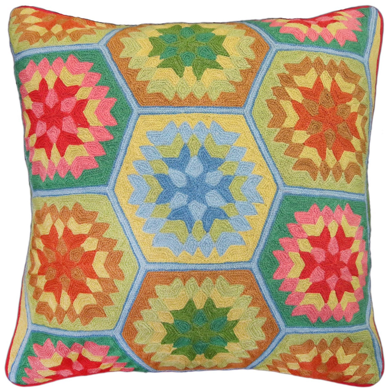 Bright Blue & Green Boho 60s Abstract Handmade Wool Pillow, Size: 20x20