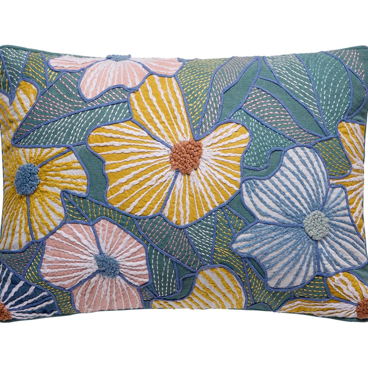 Bright Flowers Embroidered Throw Pillow, close-up detail