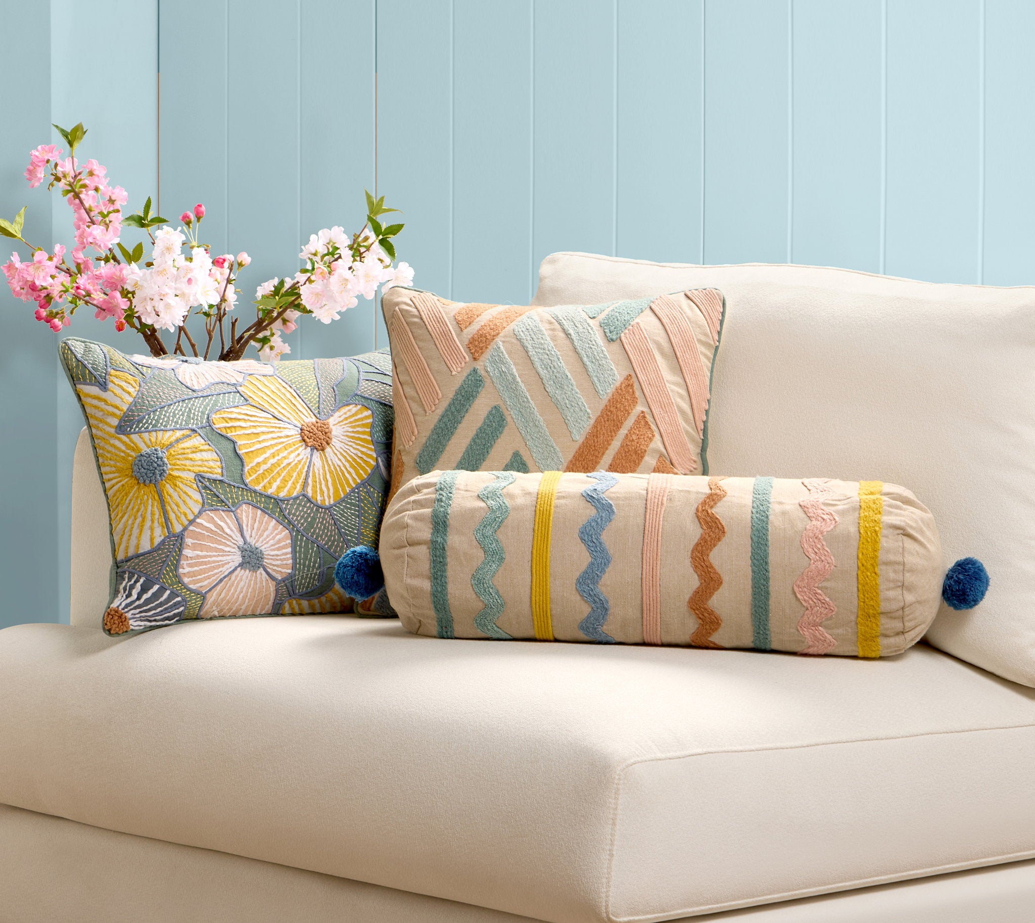 Broken Lines Embroidered Throw Pillow shown alongside other designs in the same collection, 16x16 inch