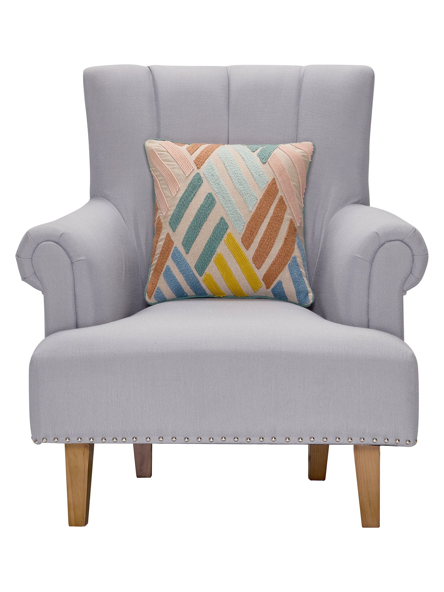 Broken Lines Embroidered Throw Pillow on an armchair, showing the throw pillow at room scale, 16x16 inch