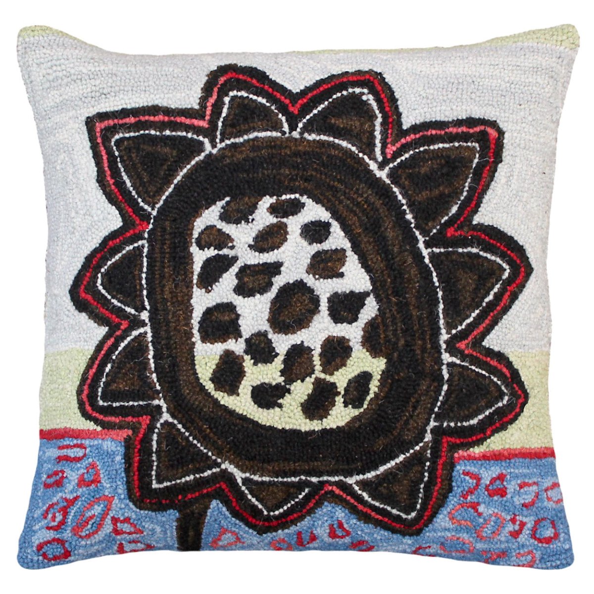 Brown Abstract hooked wool throw pillow with botanical floral design