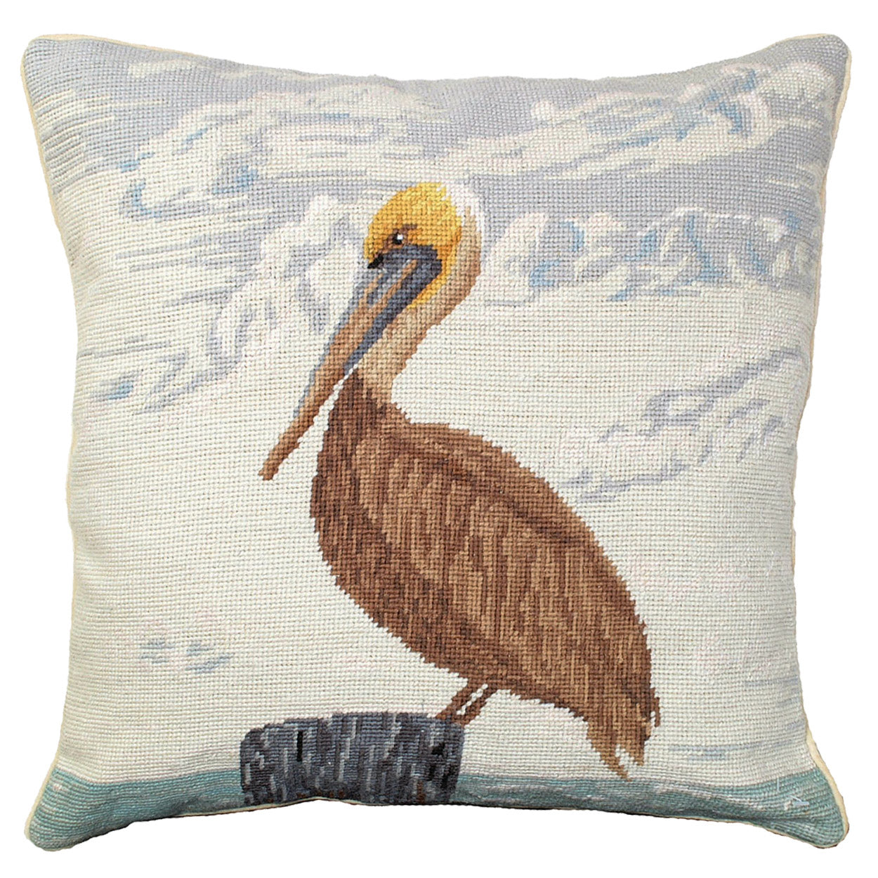 Brown Pelican needlepoint throw pillow with nautical coastal motifs
