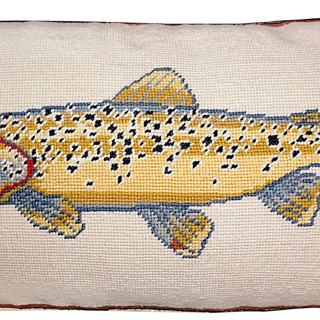 Brown Trout Fish Wildlife Lodge pillow fabric closeup showing hand-embroidered needlepoint wool texture and color detail