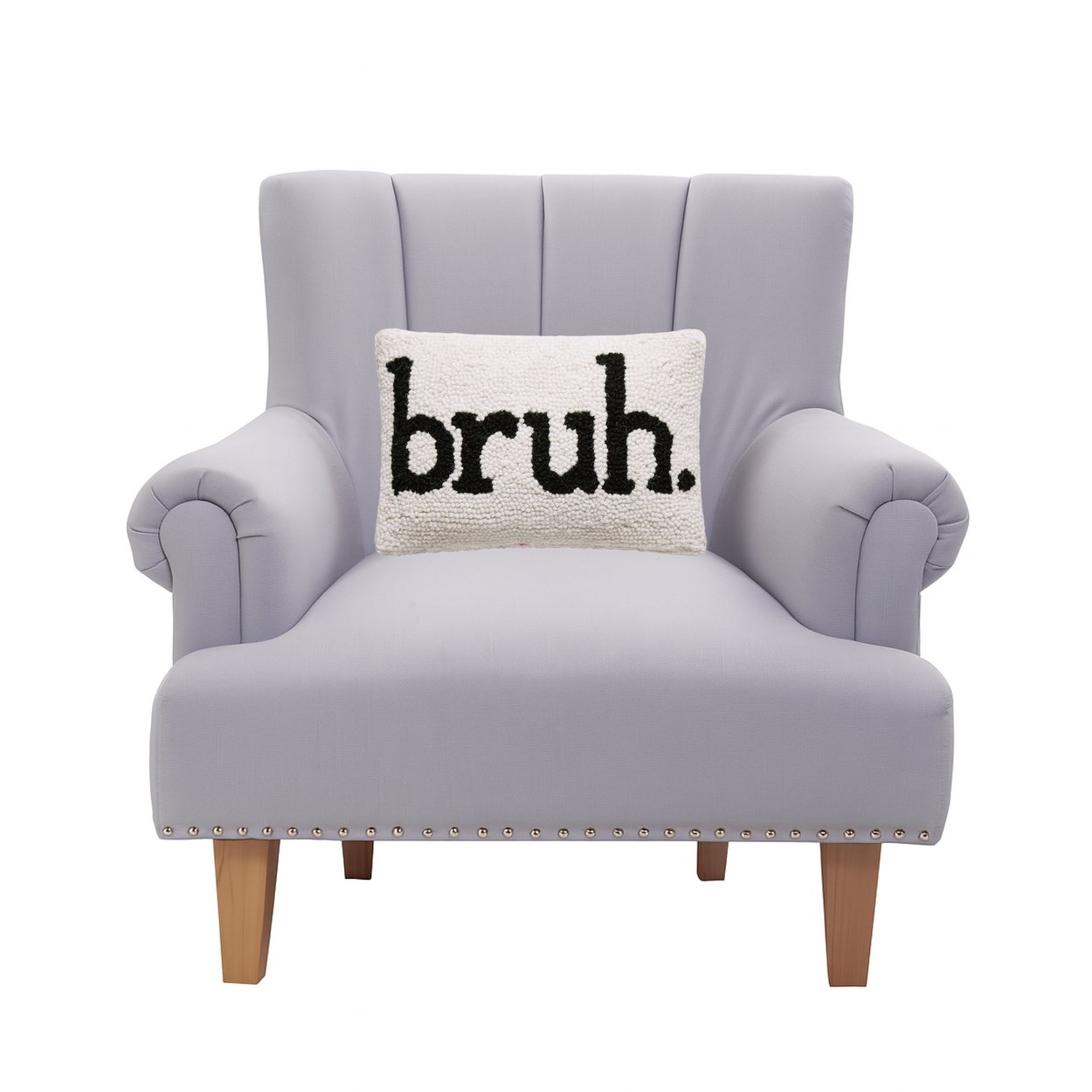 "Bruh." Novelty Wool Hooked Throw Pillow, styled lifestyle view