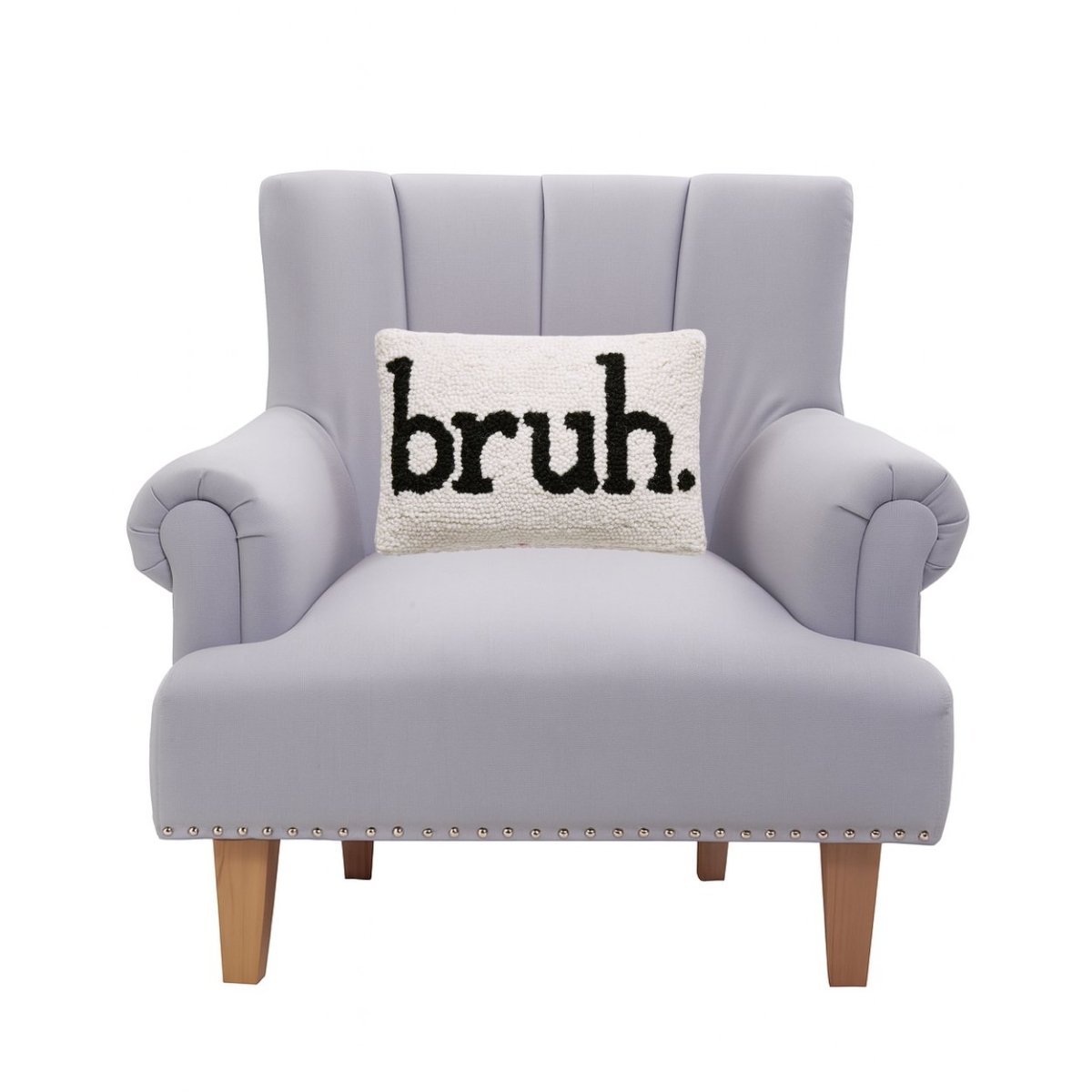 "Bruh." Novelty Wool Hooked Throw Pillow, styled lifestyle view