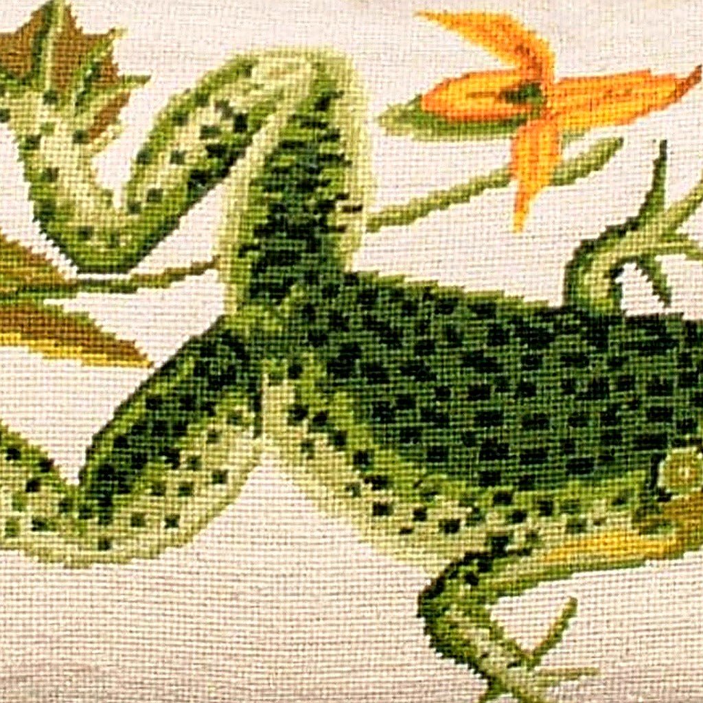 Hand-stitched wool detail of Bull Frog Wildlife Rustic Lodge needlepoint pillow showing intricate weave pattern and texture