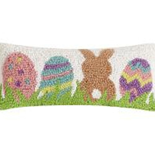 Bunny with Eggs Hooked Wool Easter Throw Pillow, close-up detail