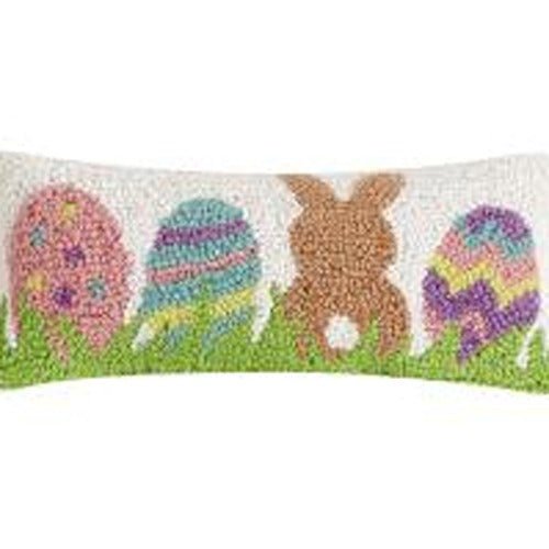 Bunny with Eggs Hooked Wool Easter Throw Pillow, close-up detail