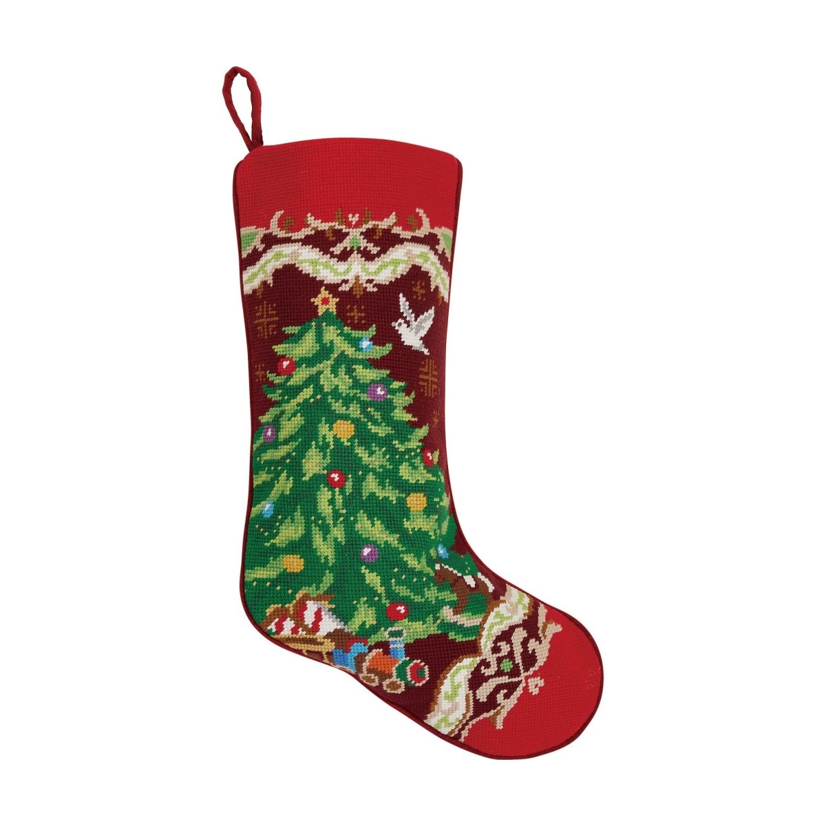 Burgundy Gold Swag Christmas Tree Embroidered Needlepoint Stocking, 11x18 inch, front view