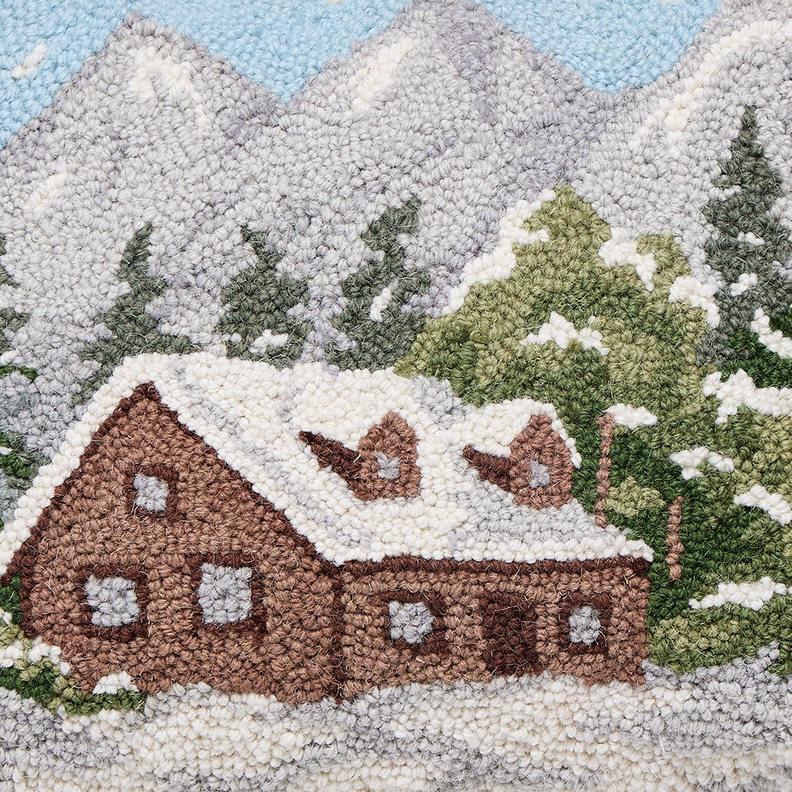 Cabin Hooked Wool Christmas Throw Pillow, close-up detail