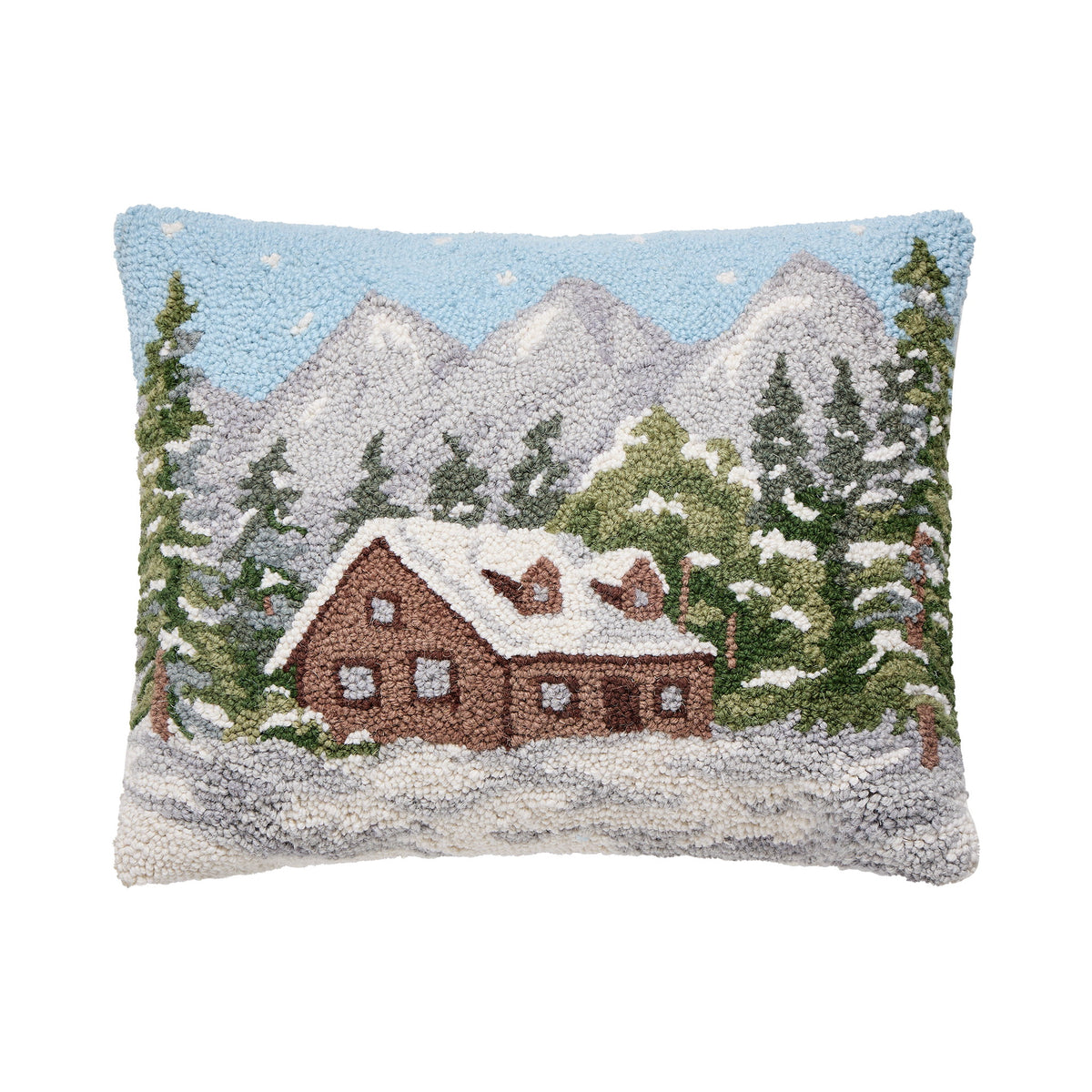 Cabin Hooked Wool Christmas Throw Pillow, 14x18 inch, front view