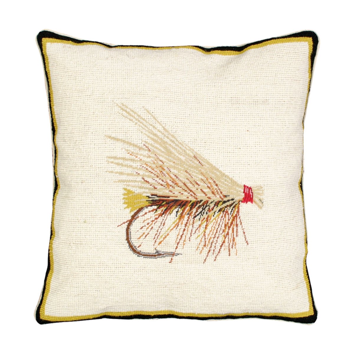 Caddis Dry Fly Fishing needlepoint throw pillow with rustic nature wildlife lodge design