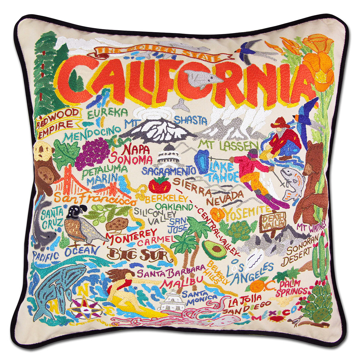 California State Golden hand-embroidered throw pillow showcasing iconic landmarks