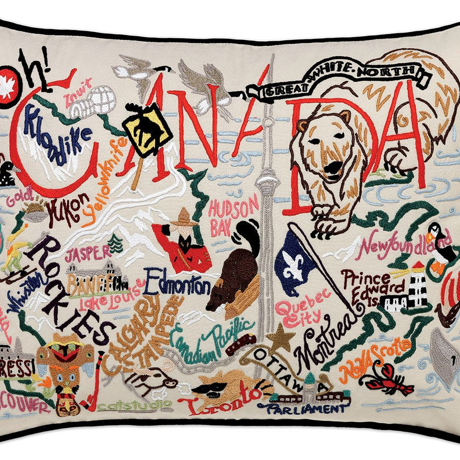 Canadian Maple Leaf hand-embroidered throw pillow showcasing iconic landmarks