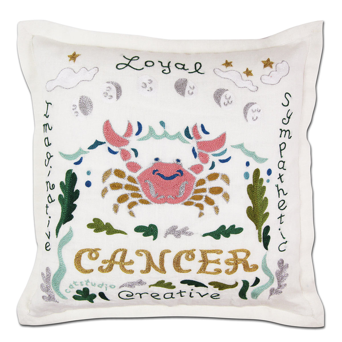 Cancer Astrology Zodiac hand-embroidered throw pillow showcasing iconic landmarks