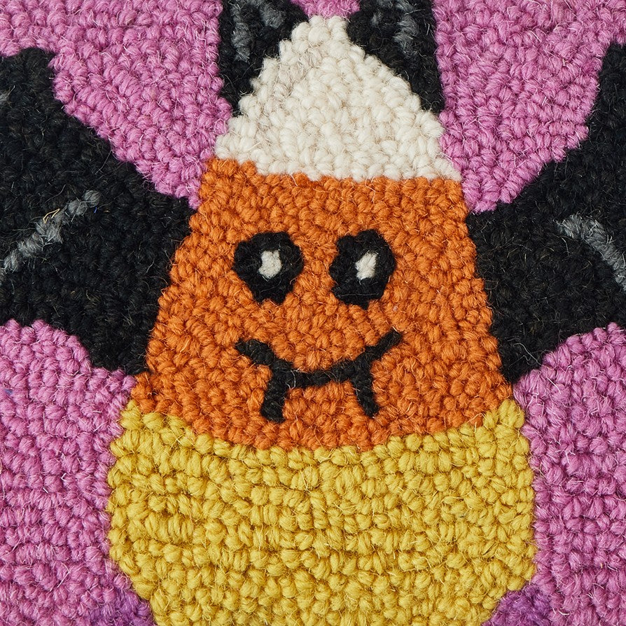 Candy Bat Hooked Wool Halloween Throw Pillow, close-up detail