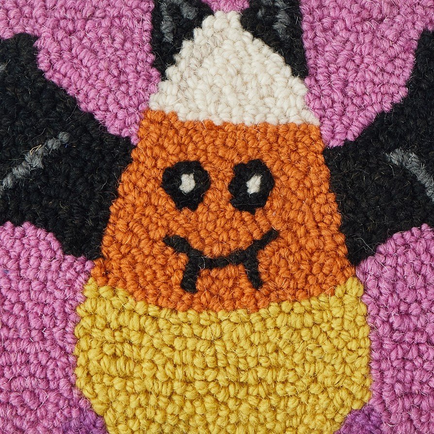 Candy Bat Hooked Wool Halloween Throw Pillow, close-up detail