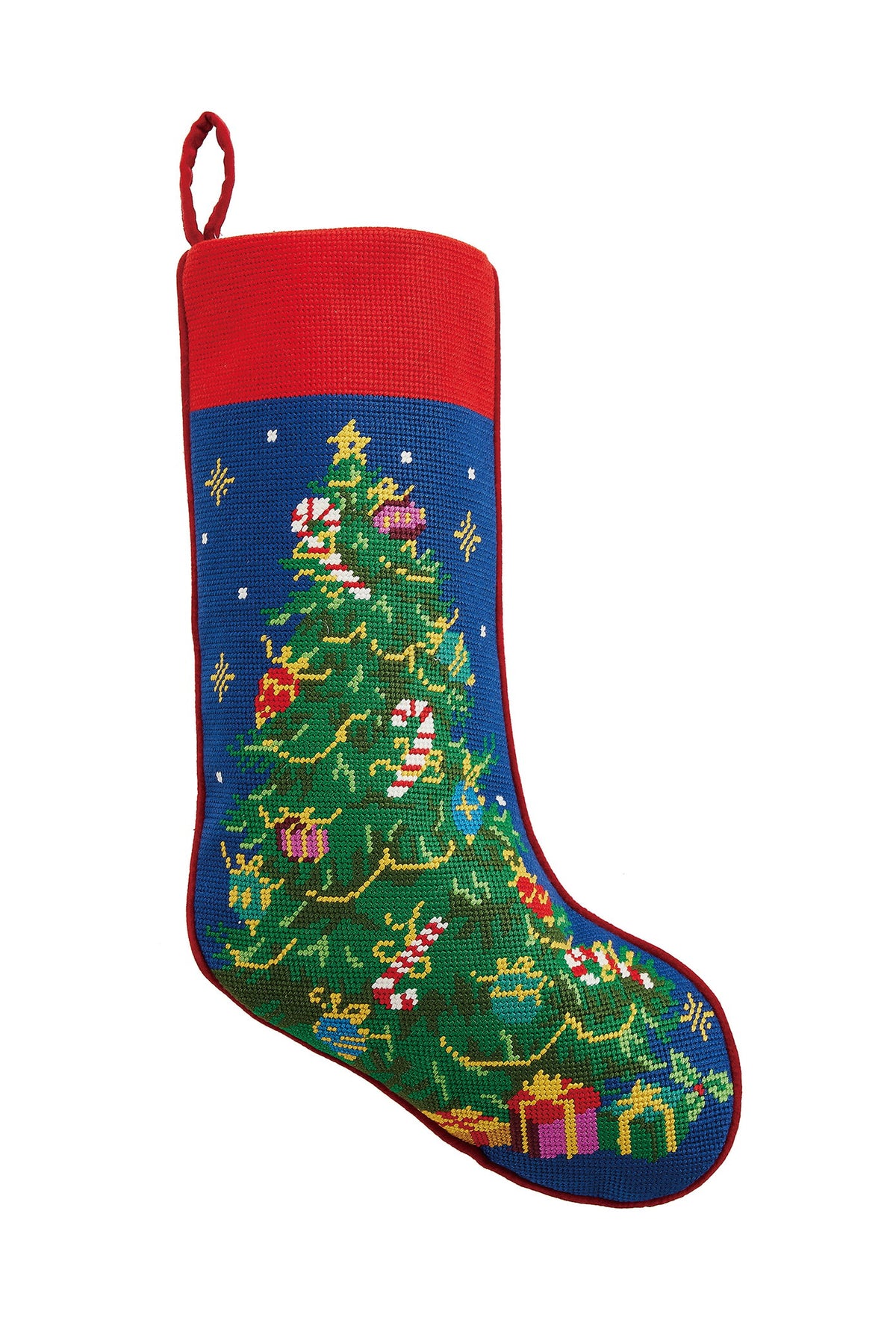 Candy Cane Garland Christmas Tree Embroidered Needlepoint Stocking, 11x18 inch, front view