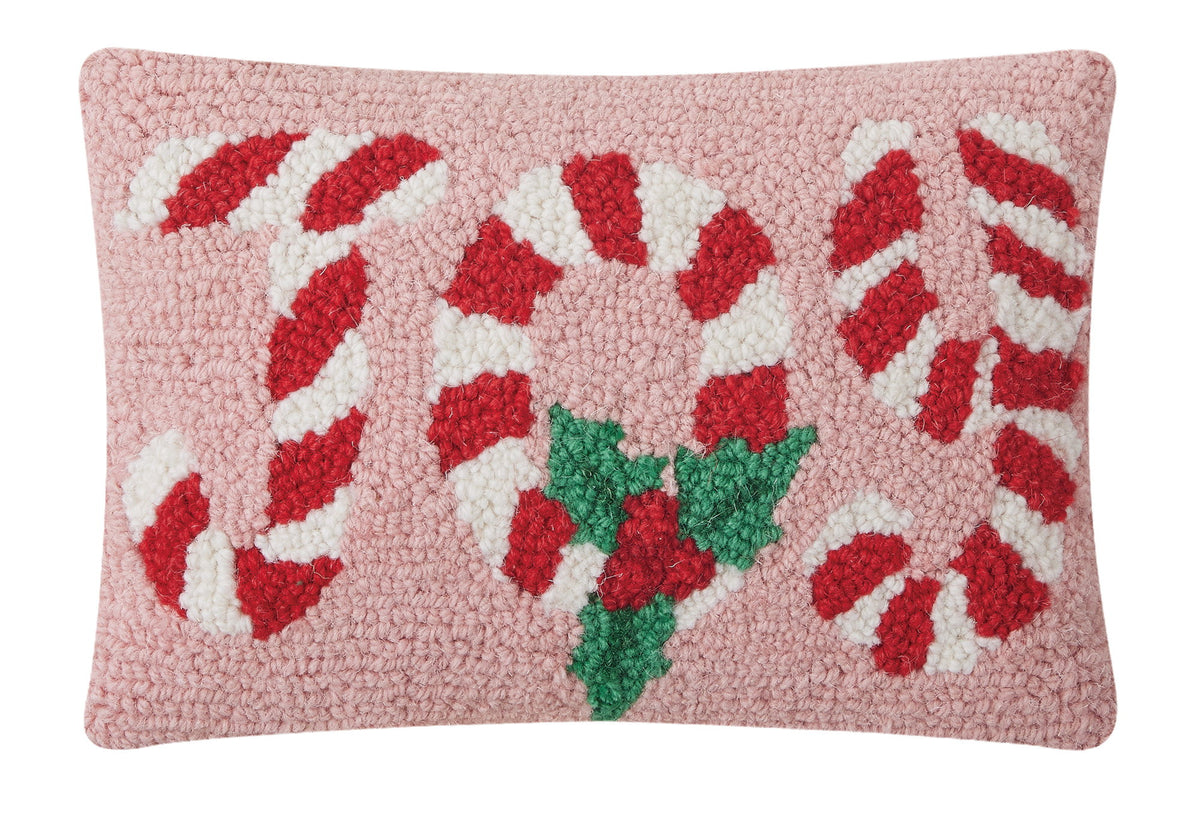 Candy Cane Joy Hooked Wool Christmas Throw Pillow, 8x12 inch, front view