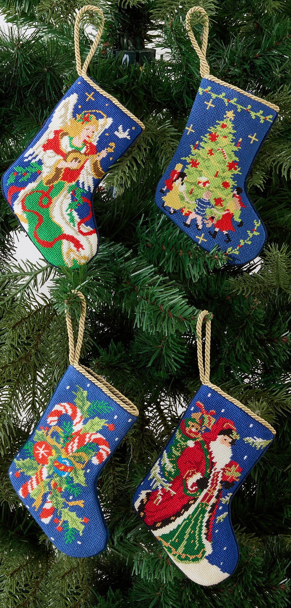 Candy Cane Mini Embroidered Needlepoint Christmas Stocking shown alongside other designs in the same collection, 6x4 inch