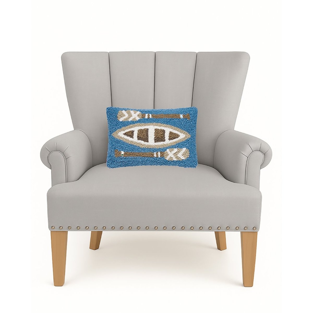 Canoe & Paddles Lake House Wool Hooked Throw Pillow, styled lifestyle view