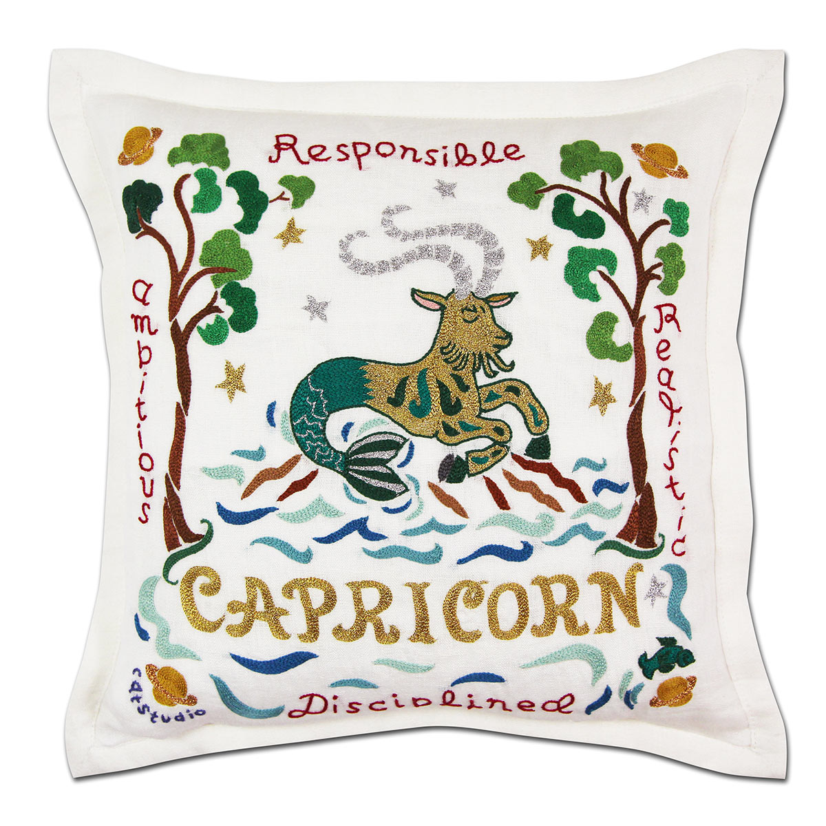 Capricorn Astrology Zodiac hand-embroidered throw pillow showcasing iconic landmarks