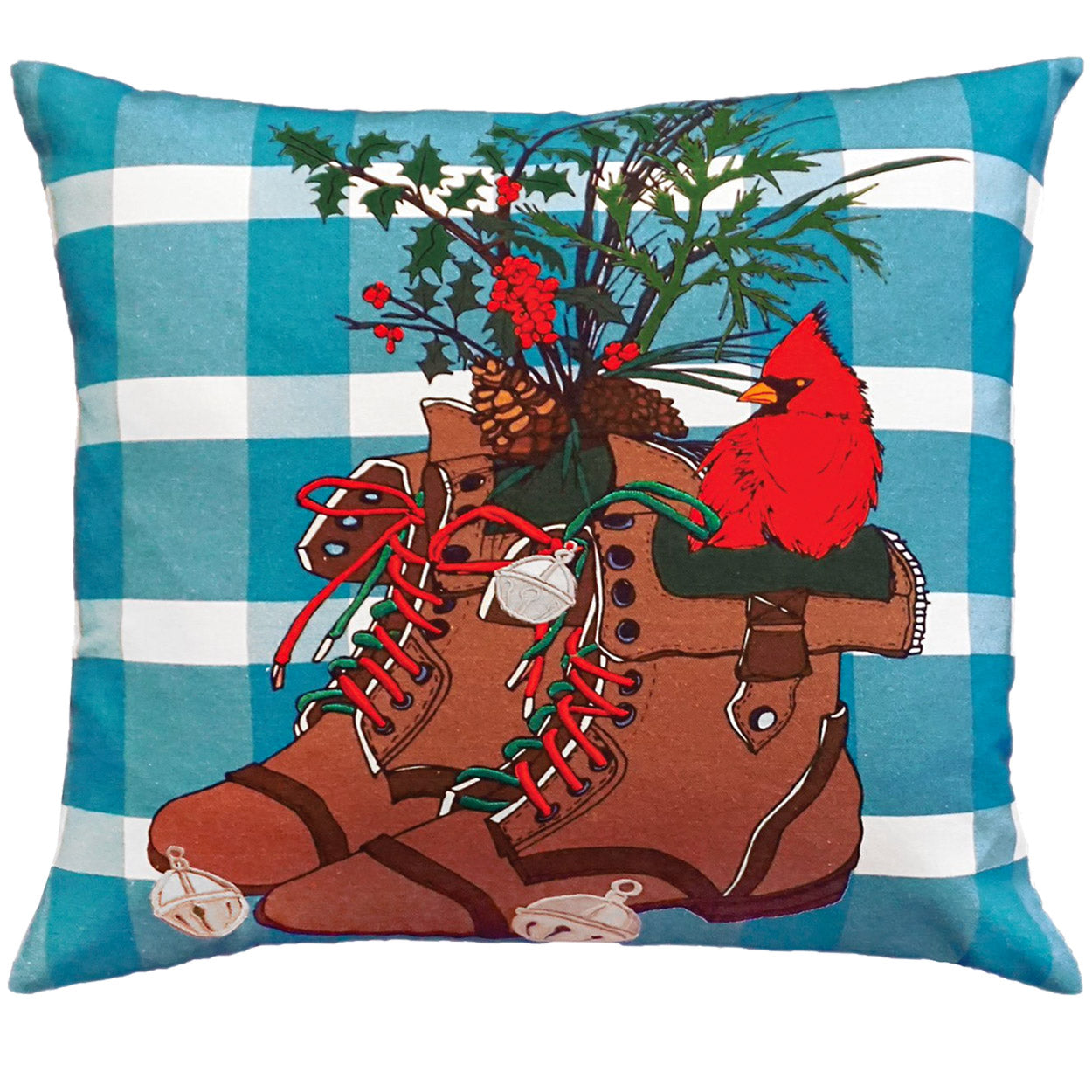 Cardinal Winter Boots needlepoint throw pillow with detailed bird portrait