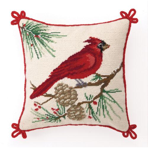 Cardinal Wool Needlepoint Christmas Throw Pillow, 12x12 inch, front view