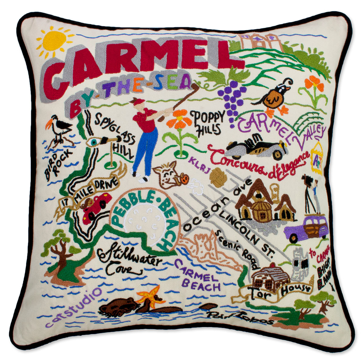 Carmel, CA Coastal City embroidered throw pillow with scenic views.