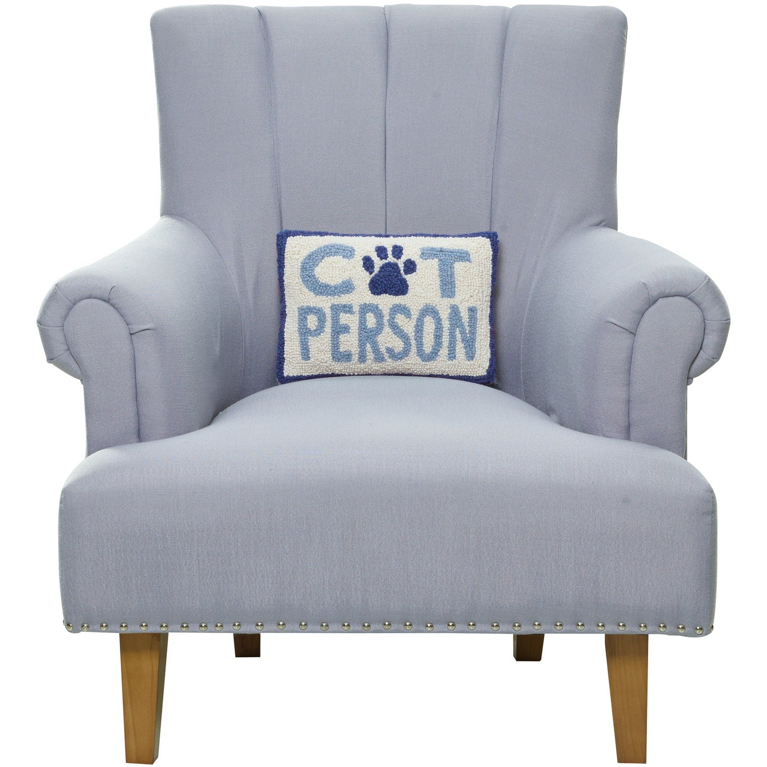 Cat Person Hooked Wool Throw Pillow on an armchair, showing the throw pillow at room scale, 8x12 inch