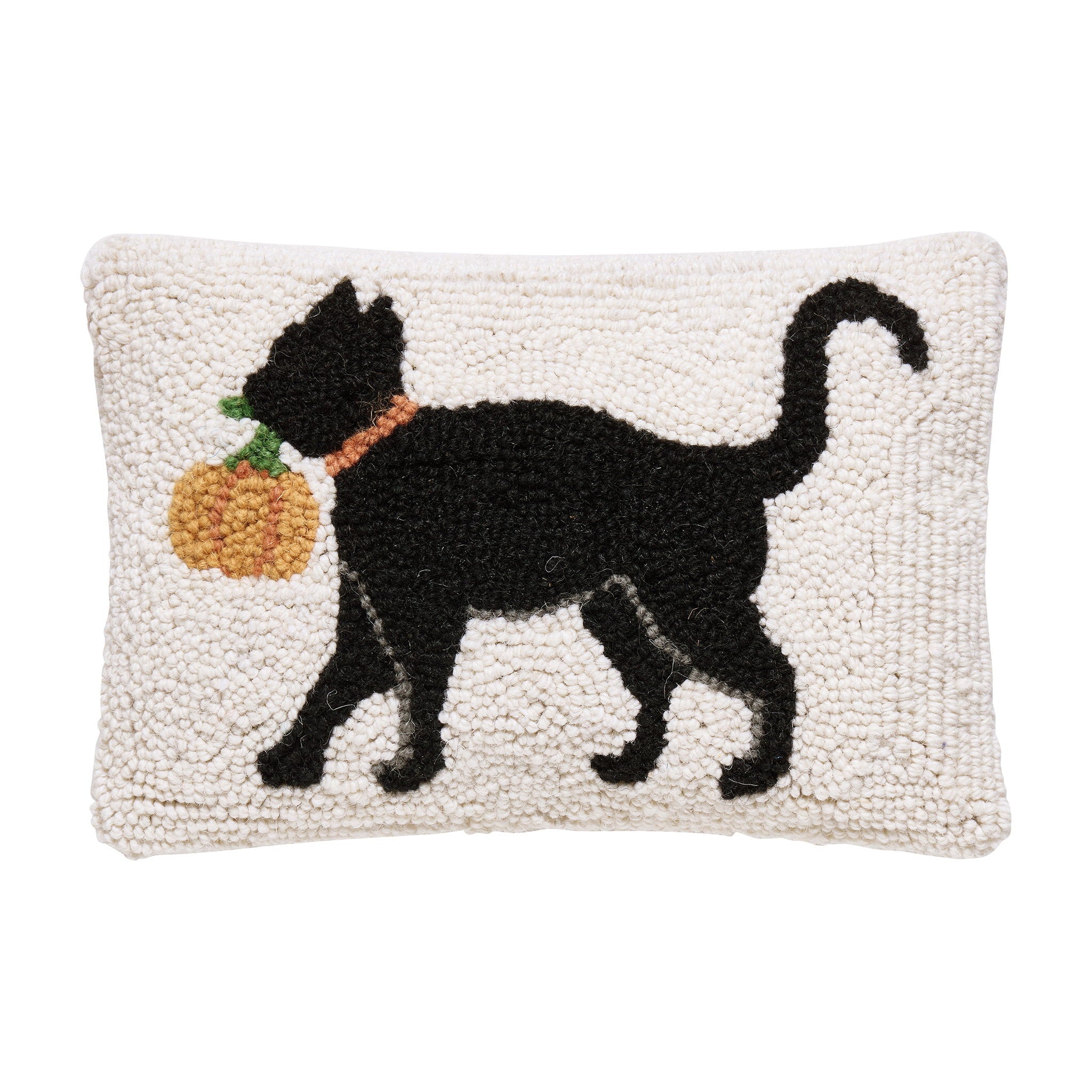 Cat with Pumpkin Hooked Wool Fall Harvest Throw Pillow, 8x12 inch, front view