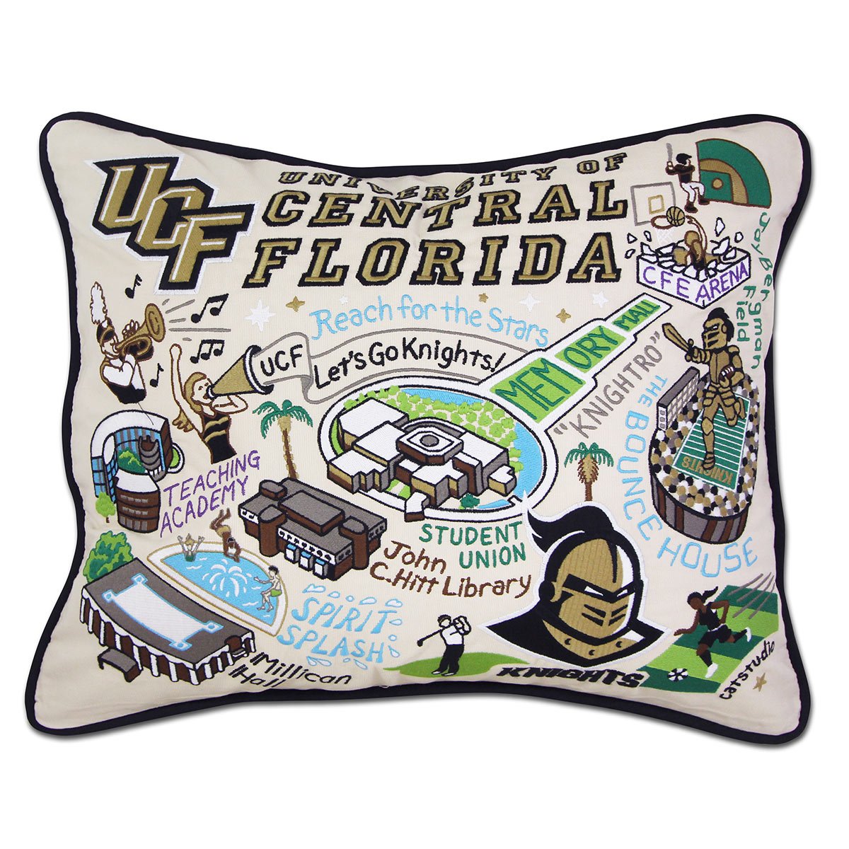Central Florida Knights hand-embroidered throw pillow featuring school colors and mascot imagery