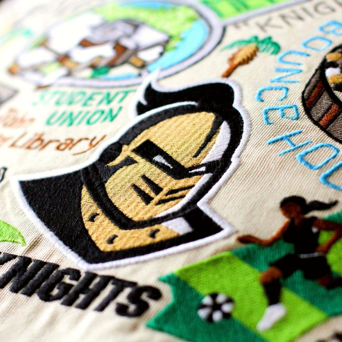 Central Florida Knights Embroidered College Pillow - close-up detail of hand-embroidered needlepoint stitching
