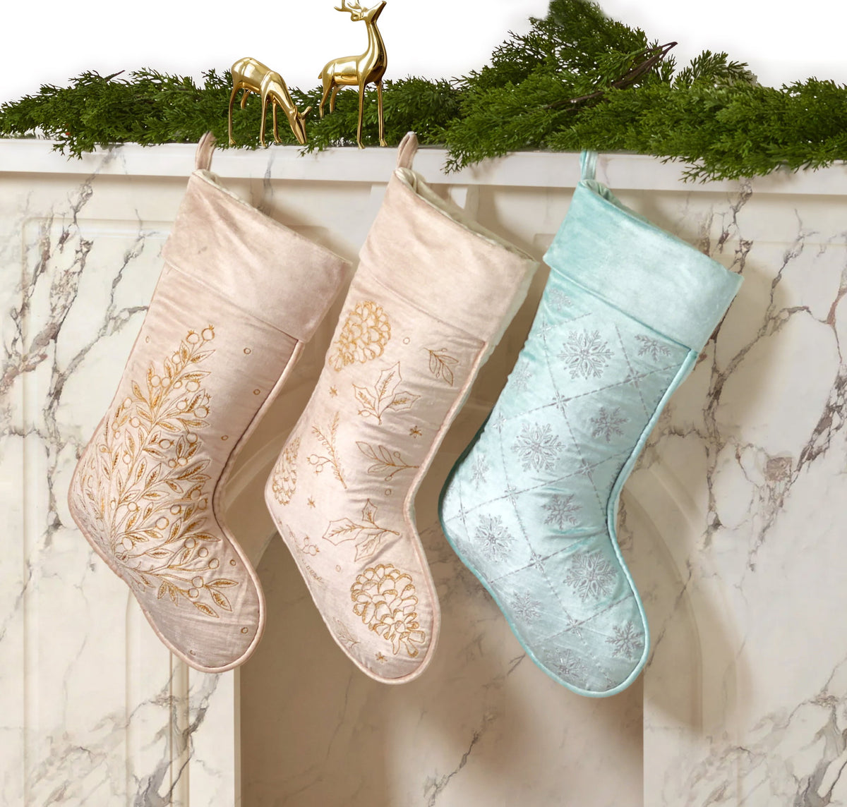 Champagne Tree Velvet Embroidered Christmas Stocking shown alongside other designs in the same collection, 12x20 inch