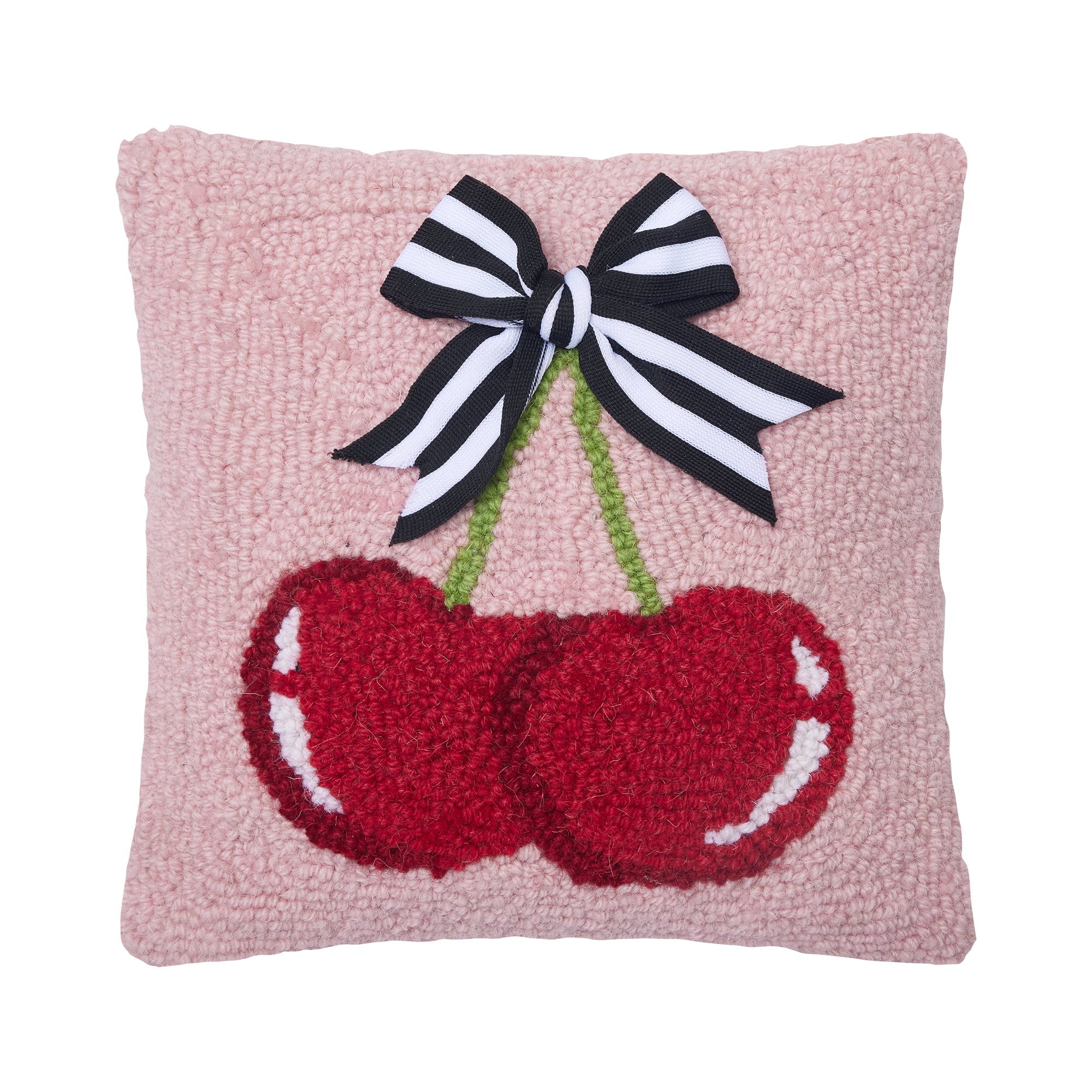 Cherries with Ribbon Hooked Wool Throw Pillow, 10x10 inch, front view