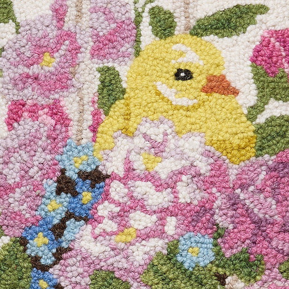 Closeup of Chick Hooked Wool Easter Throw Pillow showing stitch texture and craftsmanship detail
