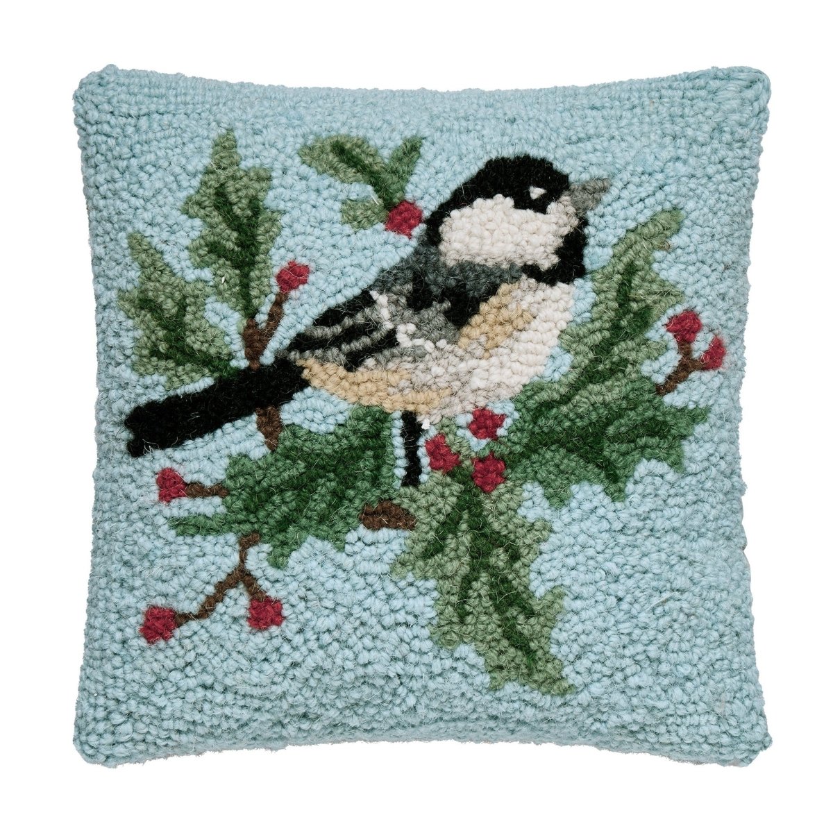 Chickadee Holly Hooked Wool Christmas Throw Pillow, 10x10 inch, front view
