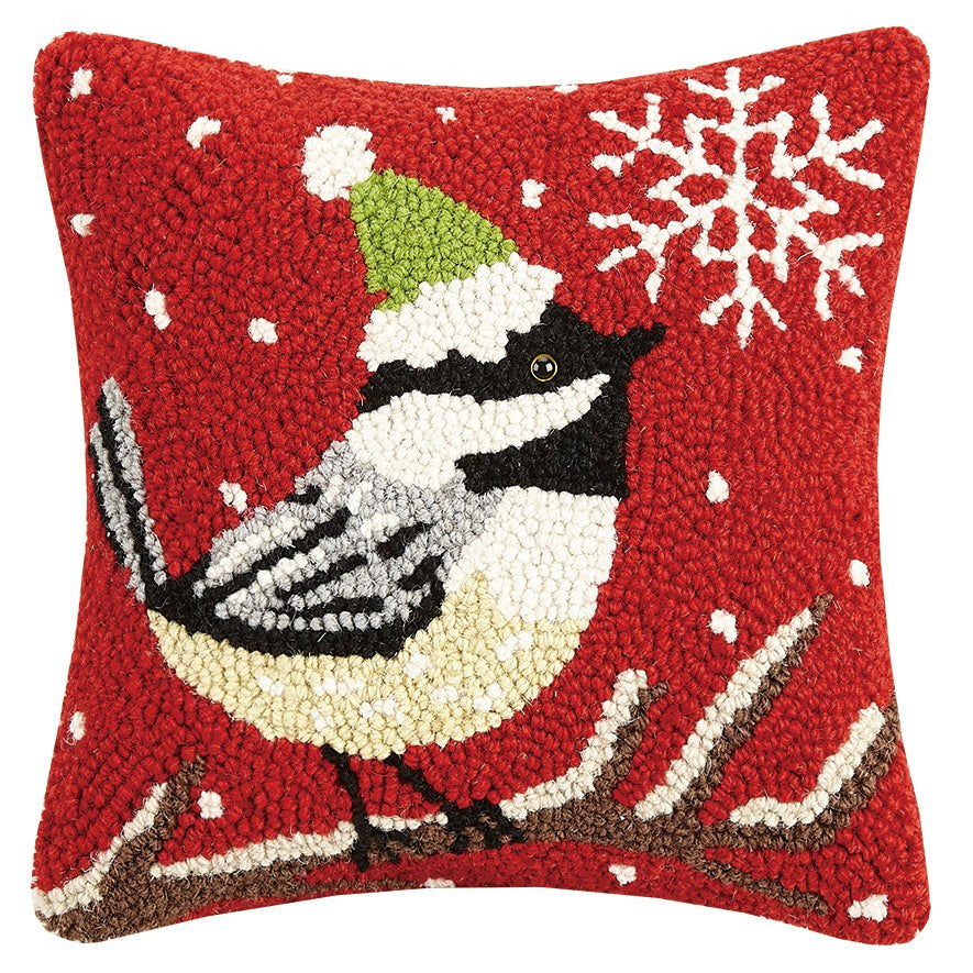 Chickadee with Snowflake Hooked Wool Christmas Throw Pillow, 10x10 inch, front view