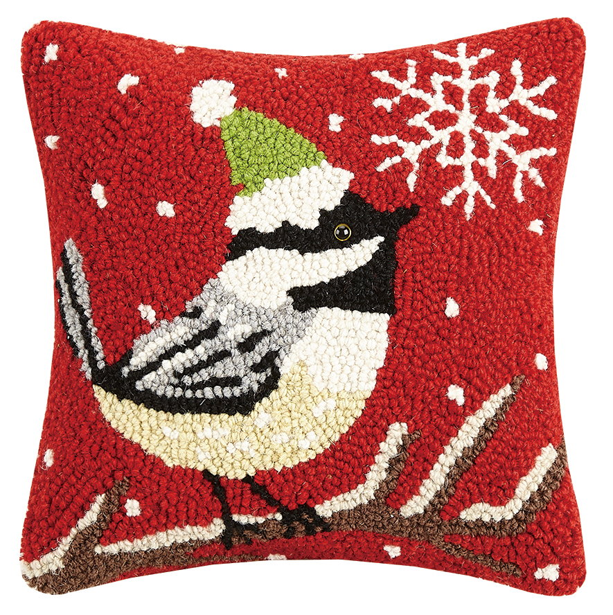 Chickadee with Snowflake Hooked Wool Christmas Throw Pillow, 10x10 inch, front view