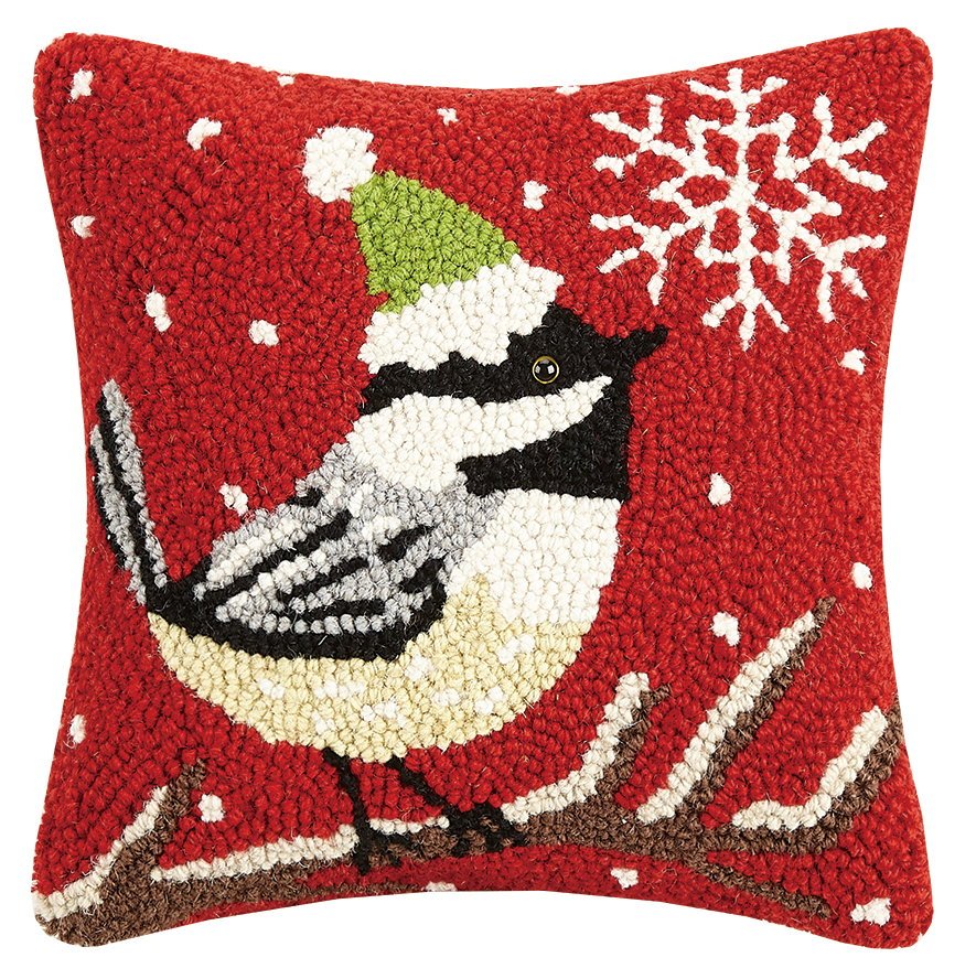 Chickadee with Snowflake Hooked Wool Christmas Throw Pillow, 10x10 inch, front view