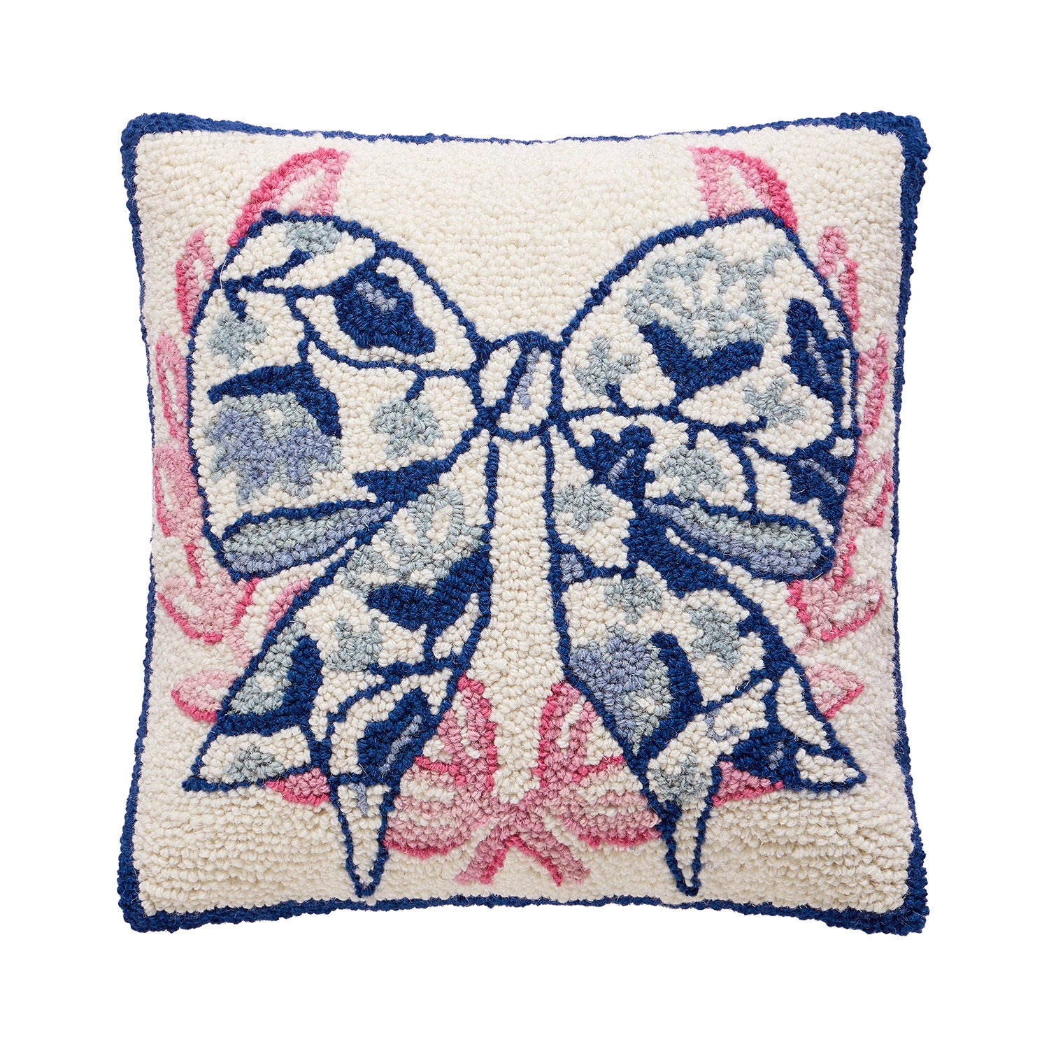 Chinoiserie Bow Hooked Wool Throw Pillow, 14x14 inch, front view