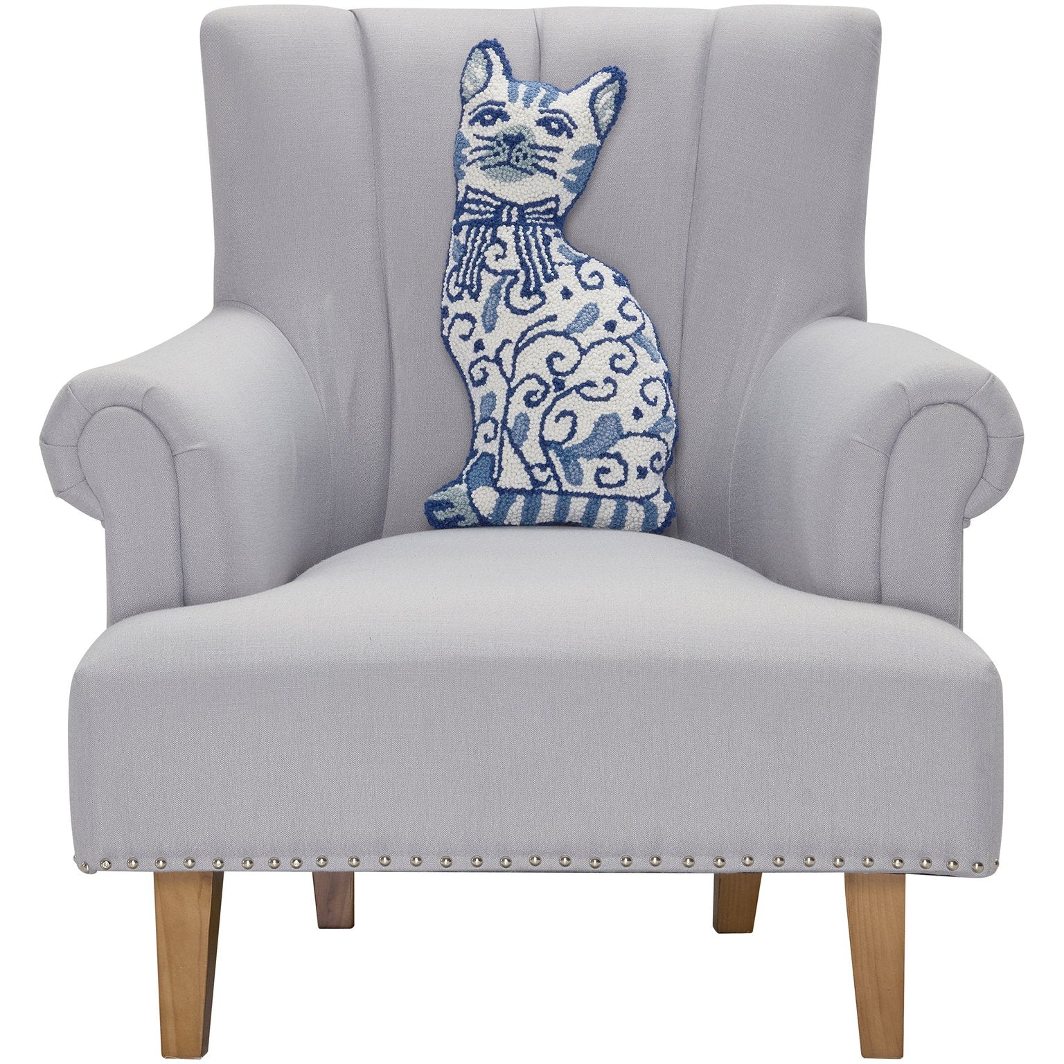 Chinoiserie Cat Hooked Wool Throw Pillow on an armchair, showing the throw pillow at room scale, 12x20 inch