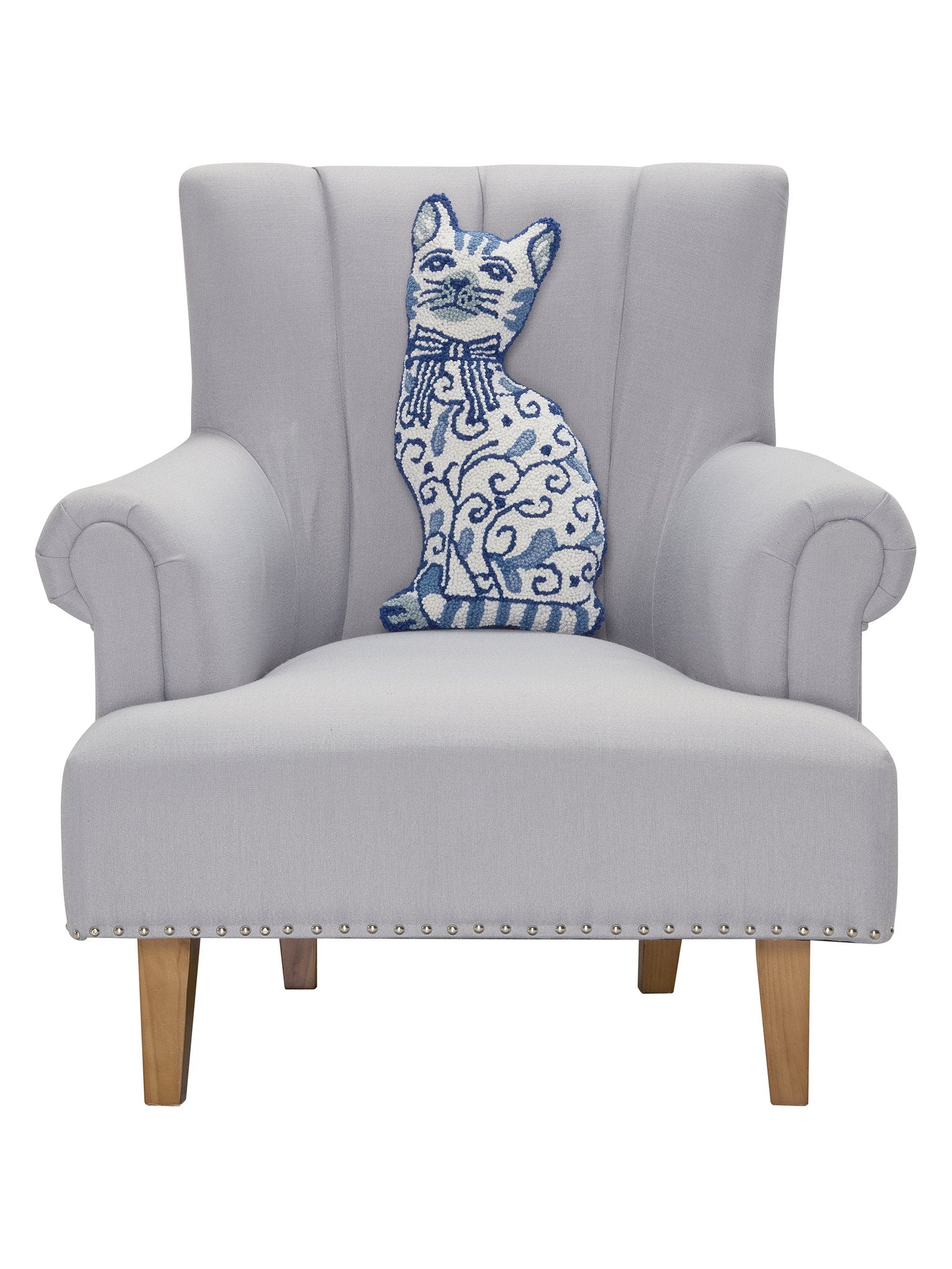 Chinoiserie Cat Hooked Wool Throw Pillow on an armchair, showing the throw pillow at room scale, 12x20 inch