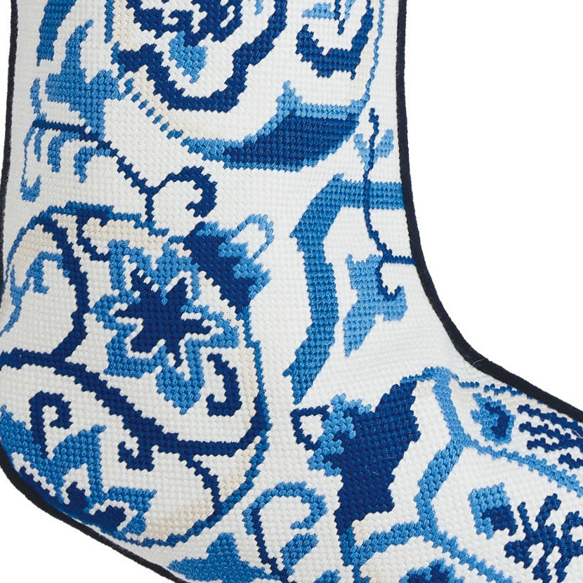 Chinoiserie Embroidered Needlepoint Christmas Stocking, close-up detail