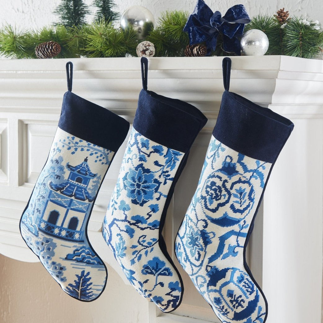 Chinoiserie Flowers Embroidered Needlepoint Christmas Stocking shown alongside other designs in the same collection, 11x18 inch