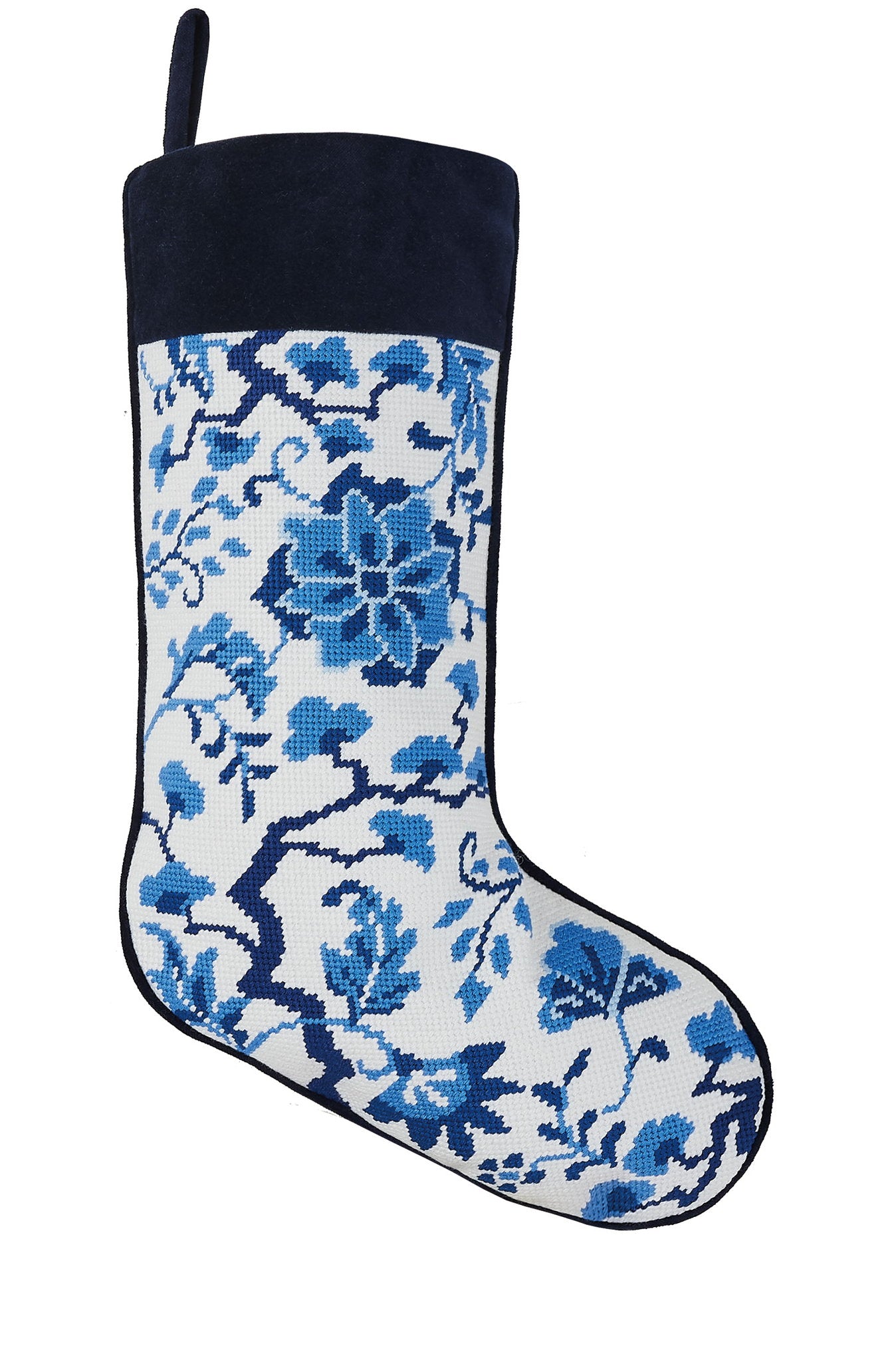Chinoiserie Flowers Embroidered Needlepoint Christmas Stocking, 11x18 inch, front view