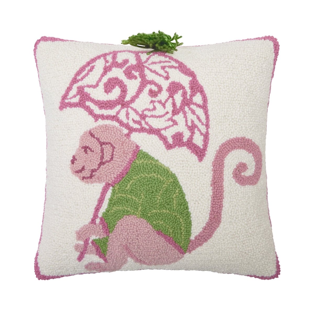 Chinoiserie Monkey Hooked Wool Throw Pillow, 16x16 inch, front view